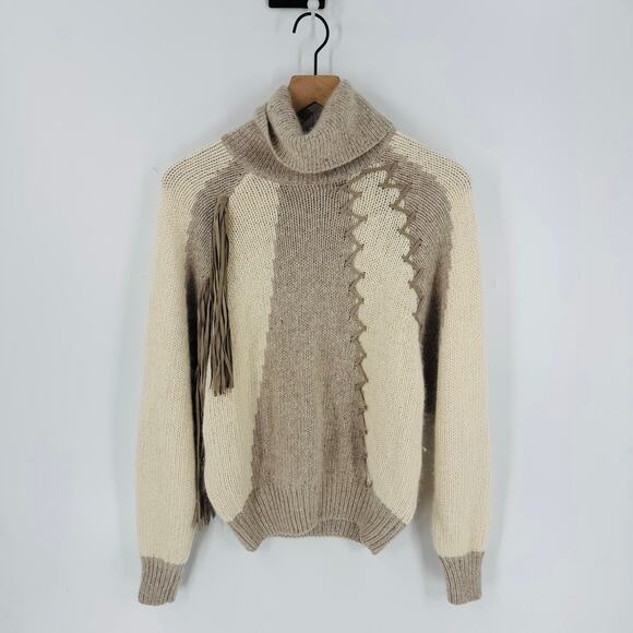 Vintage I.B. Diffusion Fringe Turtleneck Sweater Taupe Cream Silk Angora Size M - Picture 7 of 7